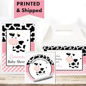 Little Cow Baby Girl Pink Gingham Cow Pattern  - PRINTED GLOSSY LABELS - For Party Favor Bags, Gable Boxes, Gift Bags, Round Stickers CO02