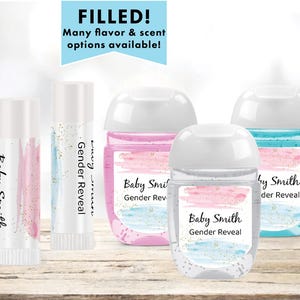 Pink Or Blue Boy or Girl Gender Reveal Watercolor Splash Gold Glitter - Lip Balms Chap Stick or Hand Wash - Best Party Favor Idea