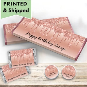 Rose Gold Dripping Glitter Metallic Drips Sparkle Luxury Any Age or Occasion - PRINTED CANDY WRAPPERS Chocolate Kiss Stickers