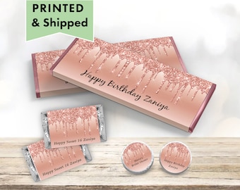 Rose Gold Dripping Glitter Metallic Drips Sparkle Luxury Any Age or Occasion - PRINTED CANDY WRAPPERS Chocolate Kiss Stickers