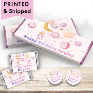 Two the Moon First Trip Around The Sun Pastel Gold Outer Space Moon Planets  Hershey chocolate bar wrappers, mini candy labels kiss stickers