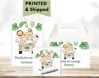 Wild One Safari Jungle Animals in Jeep Two Wild Tropical Greenery PRINTED GLOSSY LABELS For Party Favor Gift Bags Boxes Round Stickers SA01
