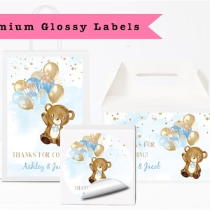 Beary Cute Baby Blue Gold Balloon Teddy Bear We Can Bearly Wait Watercolor -  PRINTED GLOSSY LABELS - For Party Favor Gift Bag Box