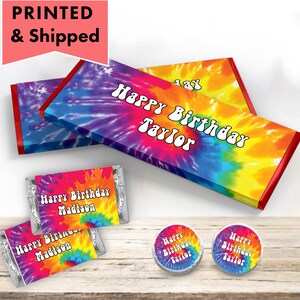 Tie Dye Bright Rainbow Groovy Hippie Peace Love Party  - PRINTED CANDY Bar Wrappers Labels  Chocolate Kiss Stickers - TI01