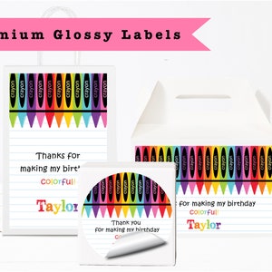 Coloring Crayon Art Colorful Rainbow - PRINTED GLOSSY LABELS - For Party Favor Gift Bag Gable Box Round Square Stickers -