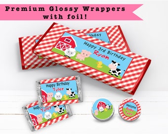 Farm Animals Barnyard Red Gingham  - PRINTED CANDY BAR Wrappers Labels  Chocolate Kiss Stickers -