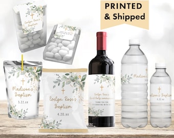 First Communion Baptism Christening Greenery Glod Cross Elegant Chip bag, Water Bottle, Juice Pouch Tic Tac Wine Champagne Labels