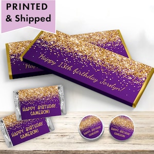 Purple Gold Confetti Glitter Luxury Sparkle Elegant Fancy Any Age Occasion  - PRINTED CANDY WRAPPERS Chocolate Kiss Stickers - PU03