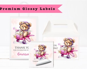 Teddy Bear Girl Airplane Flying Pilot Pink Teddy Cute Aviation Theme  PRINTED GLOSSY LABELS For Party Favor Gift Bags Box Round Stickers