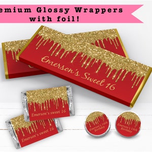 Stylish Chic Gold Dripping Glitters Red Sweet 16 Quinceañera Wedding PRINTED CANDY BAR Wrappers Chocolate Bar Kiss Stickers Labels