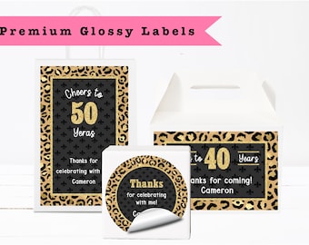 Cheetah Leopard Animal Print Black Gold Glam Glitter Any Age PRINTED GLOSSY LABELS Party Favor Gift Bags, Gable Boxes, Round Square Stickers