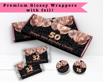 Glam Glitter Foil Balloon Number Luxury Sparkly Rose Gold Black • Any Age or Occasion • PRINTED CANDY BAR Wrapper Chocolate Kiss Stickers -