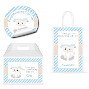 Little Lamb Baby Sheep Blue Gingham Pattern For Boys Cute - PRINTED GLOSSY LABELS - For Party Favor Gift Bag Gable Box Round Square Sticker