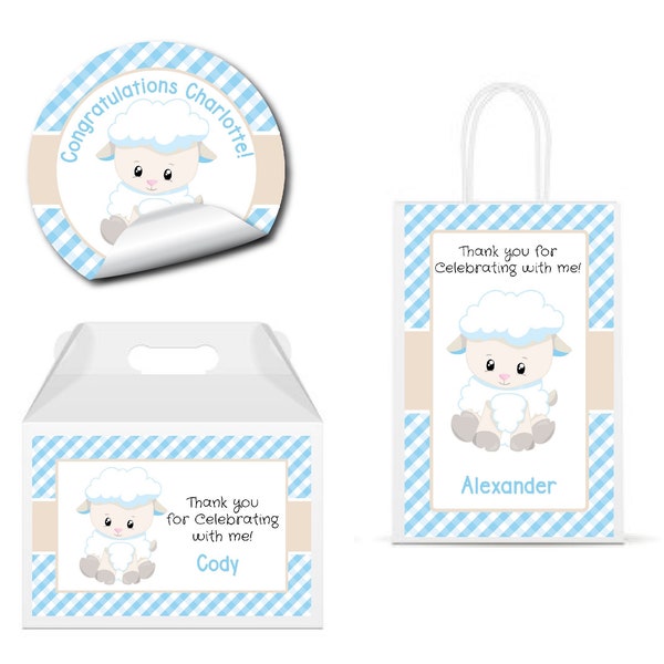Little Lamb Baby Sheep Blue Gingham Pattern For Boys Cute - PRINTED GLOSSY LABELS - For Party Favor Gift Bag Gable Box Round Square Sticker
