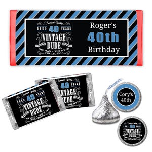 Vintage Dude The Man Myth Legend Men's 40th or Any Age - PRINTED CANDY WRAPPERS Chocolate Kiss Stickers - imagem 1