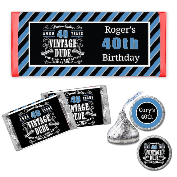 Vintage Dude The Man Myth Legend Men's 40th or Any Age - PRINTED CANDY WRAPPERS Chocolate Kiss Stickers -