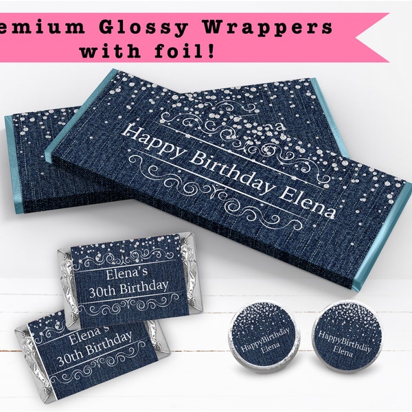 Denim Diamonds & Pearls Elegant Any Age or Occasion - PRINTED CANDY WRAPPERS Chocolate Kiss Stickers -