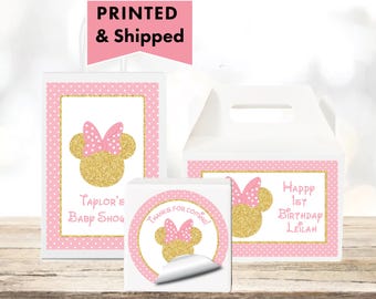 Mouse Head Minnie Inspired Pink & Gold  - PRINTED GLOSSY LABELS - For Party Favor Bags, Gable Boxes, Gift Bags, Round Square Stickers MI03