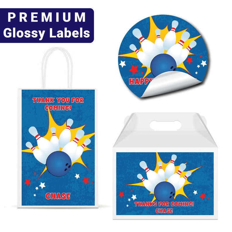 Bowling Lets Bowl Lets strike up some fun PRINTED GLOSSY LABELS For Favor Bags Gable Boxes Gift Bags Round Square Stickers