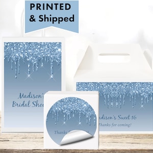 Pastel Light Blue Dripping Glitters Metallic Sparkle Luxury - PRINTED GLOSSY LABELS For Party Favor Gift Bag Gable BoxRound Sticker DR16