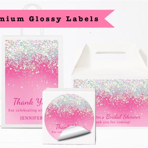 Pink Holographic Silver White Glitter Sparkle Luxury - PRINTED GLOSSY LABELS For Party Favor Gift Bag Gable Box Round Square Sticker