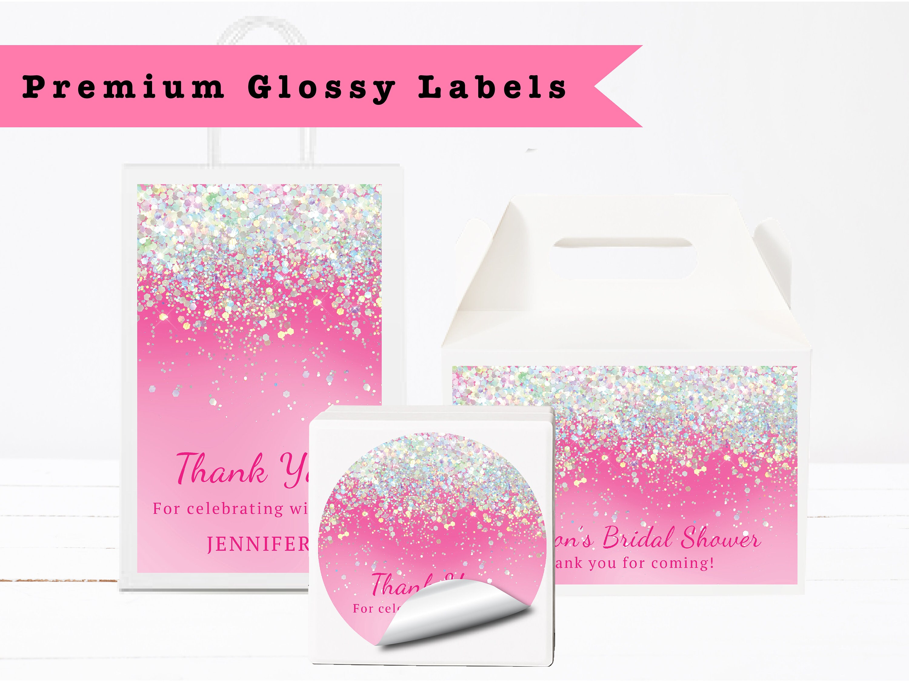 Pink Holographic Silver White Glitter Sparkle Luxury - PRINTED GLOSSY LABELS For Party Favor Gift Bag Gable Box Round Square Sticker