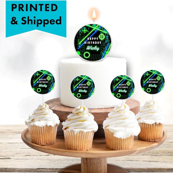 Laser Tag Birthday Neon Laser Tag Blue Green Glow in dark effect  Cake decorations, candle cake toppers, cupcake pick toppers