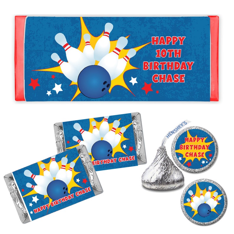 Bowling Lets Bowl Lets strike up some fun PRINTED CANDY BAR Wrappers Labels Chocolate Kiss Stickers