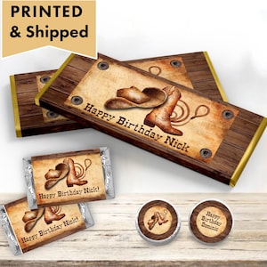 Cowboy Boots Hat Lasso Country Western Rustic Wood Wild West PRINTED CANDY BAR Wrappers Chocolate Bar Kiss Stickers Labels WE01