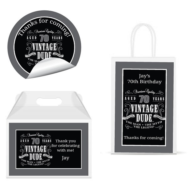 Vintage Dude The Man Myth Legend Men's 70th or Any Age - PRINTED GLOSSY LABELS - For Party Favor Gift Bag, Gable Box Round Square Stickers -