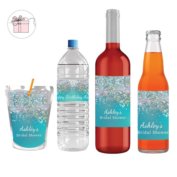 Elegant Turquoise Aqua Teal  Holographic Sparkly Glitter Modern  - Water Bottle Juice Pouch Wine Beer Champage Liquor Lable Sticker