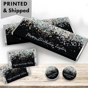 Black Dripping White Silver Glitter Metallic Sparkle Luxury Any Age or Occasion - PRINTED CANDY BAR Wrappers Chocolate Kiss Stickers - HO11