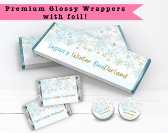 Winter Onederland Birthday Blue Gold Snowflake Wonderland Baby Shower PRINTED CANDY BAR Wrappers Chocolate Bar Kiss Stickers Labels