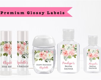 Pink Blush Rose White Ivory Floral Flowers Watercolor • Any Age Occasion PRINTED GLOSSY LABELS - For Lip Balm Tubes Sanitizer Bottles
