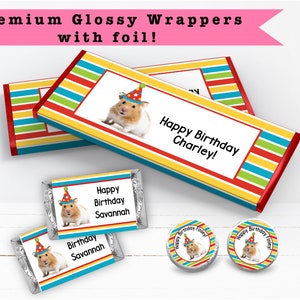 Hamster In Party Hat Bright Colorful Happy Hamster Birthday  - PRINTED CANDY BAR Wrappers Labels  Chocolate Kiss Stickers -