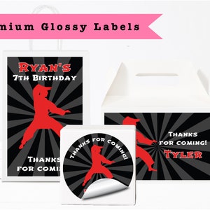 Karate Martial Arts Silhouette Judo Birthday Red Black PRINTED GLOSSY LABELS For Party Favor Bag Gable Box Gift Bags, Round Square Stickers