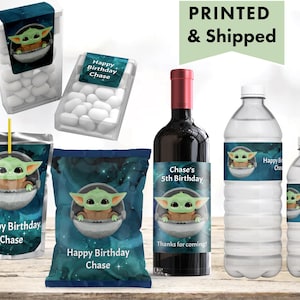 Baby Alien Baby Yoda Star Wars Inspired Mandolian  Chip bag, Water Bottle, Juice Pouch Tic Tac Wine Champagne Labels BA08