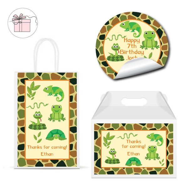 Reptile Show Lizard Snake Frog Birthday For Boys  - PRINTED GLOSSY LABELS - For Party Favor Bag, Gable Boxes, Gift Bag, Round Square Sticker