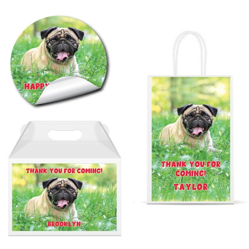 Pug Puppy Dog Pet Animal Fur Baby Cute PRINTED GLOSSY LABELS For Party Favor Bags Gable Boxes Gift Bags Round Square Stickers