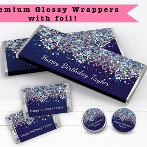 Elegant Navy Blue White Silver Holographic Sparkly Glitter  - PRINTED CANDY WRAPPERS Chocolate Kiss Stickers -