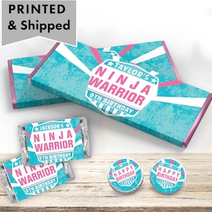 Ninja Warrior Inspired Obstacle Course Aqua Blue Pink Teen Girls Birthday PRINTED CANDY WRAPPERS Chocolate Kiss Stickers  NI03