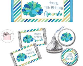 Peacock - PRINTED CANDY BAR Wrappers Miniature Chocolate Labels Kiss Stickers -