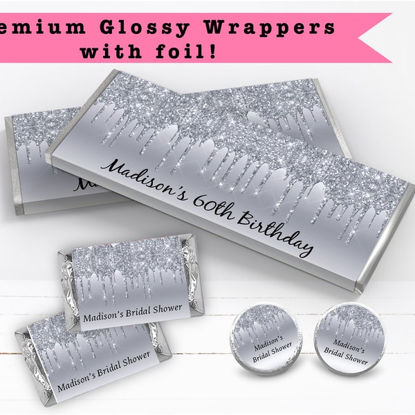 Silver Gray Dripping Glitter Metallic Sparkle Luxury Any Age or Occasion - PRINTED CANDY BAR Wrappers Chocolate Kiss Stickers -