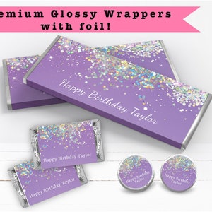 Purple Holographic Silver White Glitter Sparkle Luxury Any Age or Occasion - PRINTED CANDY WRAPPERS Chocolate Kiss Stickers -