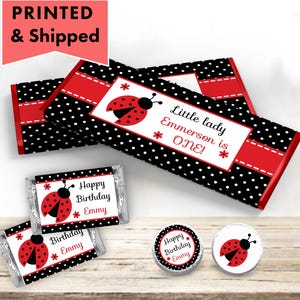 Red Ladybug Little Love Bug Cute Ladybug Black & Red Dots - PRINTED CANDY BAR Wrappers Labels  Chocolate Kiss Stickers  LA01