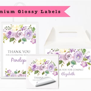 Pretty Pale Purple  Floral Flower Peonies Watercolor PRINTED GLOSSY LABELS For Party Favor Gift Bag Gable Box Round Square Stickers