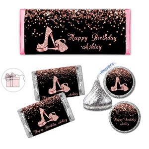 High Heels Stepping Into Fancy Elegant Rose Gold Glitter Woman Shoe  - PRINTED CANDY BAR Wrappers Chocolate Favors Kiss Stickers -