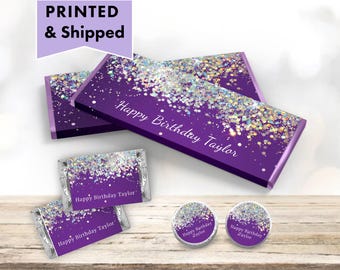Purple Holographic Silver White Glitter Sparkle Luxury Any Age or Occasion - PRINTED CANDY WRAPPERS Chocolate Kiss Stickers HO02