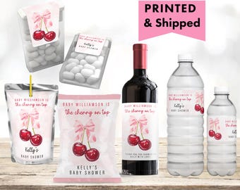 Cherry on Top Pink Bow Elegant Cute Its girl Ribbon Preppy  Chip bag, Water Bottle, Juice Pouch Tic Tac Wine Champagne Labels CH08
