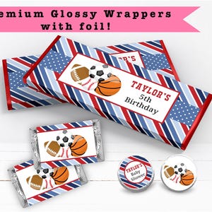 All Star Sports Sports Theme First Year Down - PRINTED CANDY WRAPPERS Chocolate Kiss Stickers -
